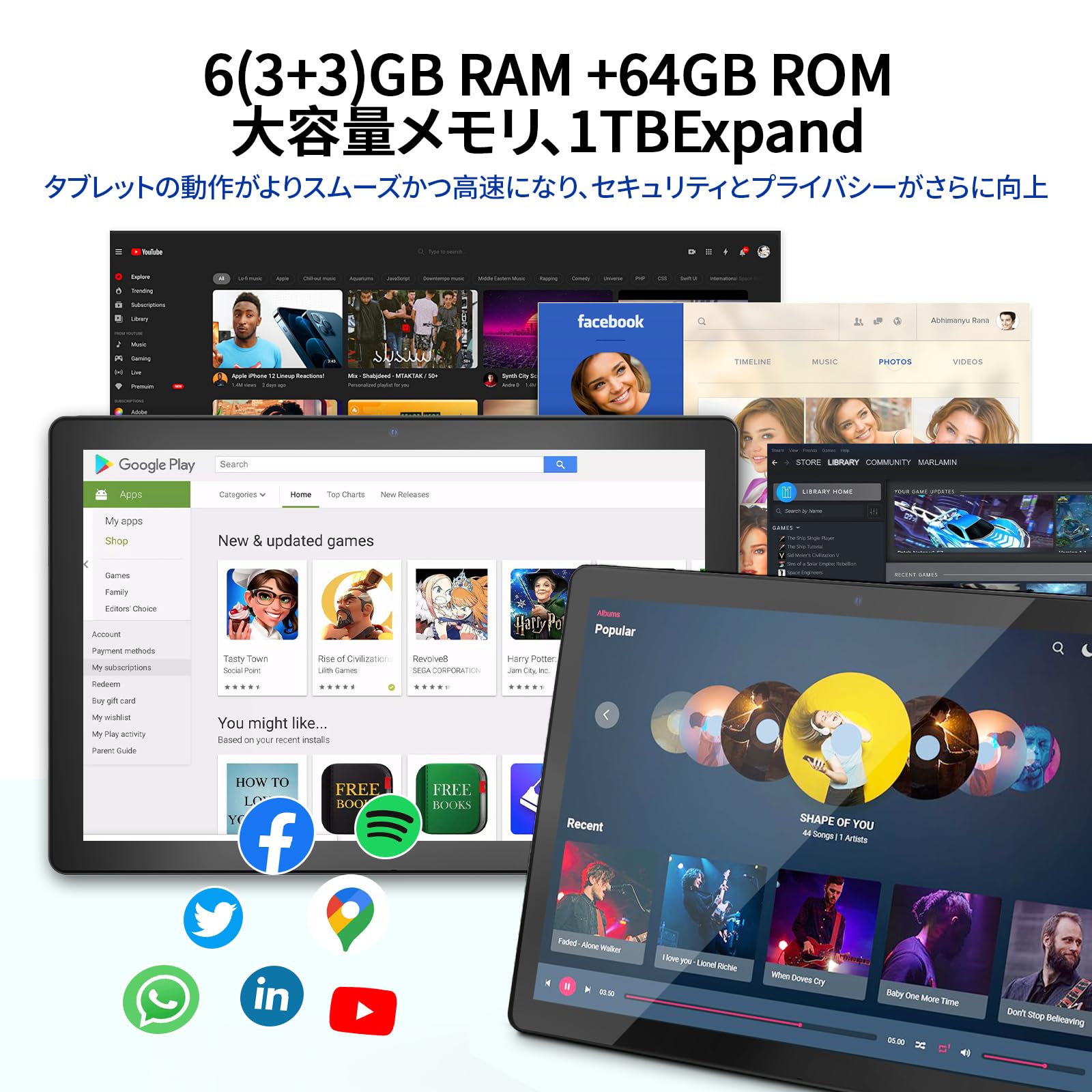 Amazon.co.jp: 10.1インチAndroid14タブレット、6GB RAM + 64GB ROM